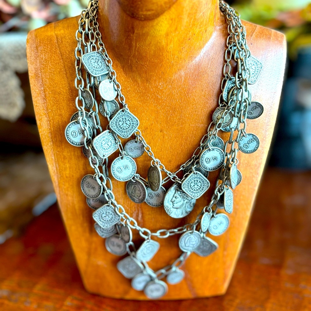 Chico's Necklace Square & Round Coin Pieces Layered Necklace